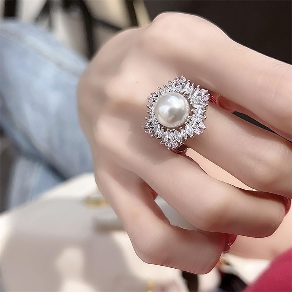 Kokoma Flower Pearl Ring for Women Mothers Day Rhinestone Pink CZ Open Statement Rings Eternity Engagement Wedding Rings Finger Band Adjustable - Image 2