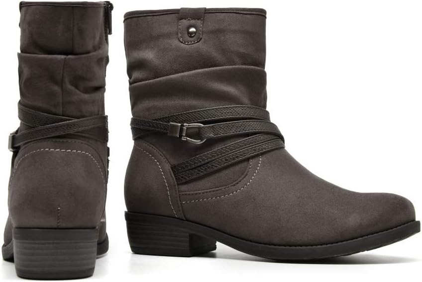 VJH confort Women's Mid Calf Boot,Round Toe Low Heel Comfort Slouchy Bootie with Side Zipper Buckle Strap - Image 6