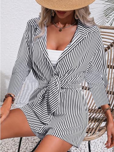 Chic and Comfy: Black Striped Button-Down Shirt & Shorts Set - Image 5