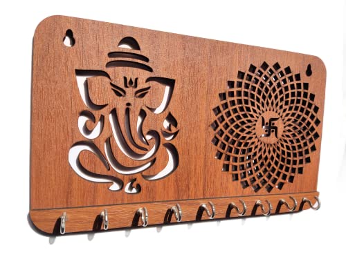 Ganesha Swastika Chakra Key Holder for Home Decor Item | Stylish Key Hanger Wall Mounted | Handicraft Key Chain Stand | Wooden Keychain Hangers for Office Decoration | Wood Keys Holders