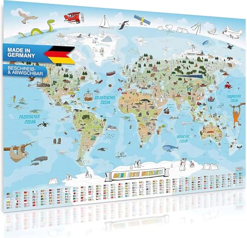 Panorama Weltkarte für Kinder XXL - 140x100cm Kinder-Weltkarte komplett...