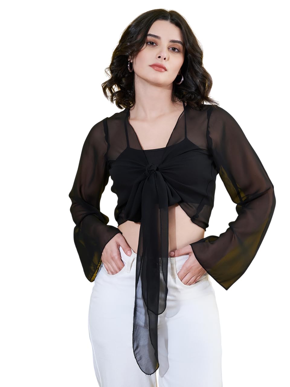 anvi be yourself Women's Solid Long Sleeve Front Tie-ups Georgette Casual Crop Sheer Shrug || Plain Full Sleeve Transparent Mini Open Front Shrugs for Women Stylish Western-picture-23