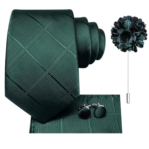 Image of Dubulle Mens Forest Green Tie and Lapel Pin Paisley Striped Floral Necktie for Men Pocket Square Cufflinks Wedding Party
