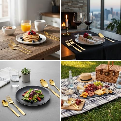 Image of 15 Pcs Gold Cutlery Set for Dining Table the Perfect Mirror Polish Hevy Duty Tableware Including Dinner Spoon, Dinner Fork, Dinner Knife, Dessert Spoon & Dessert Fork
