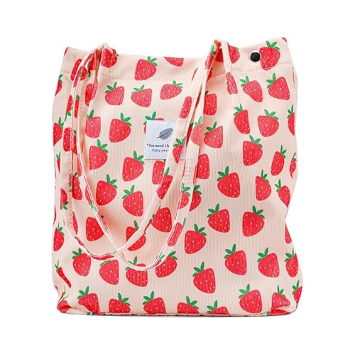 Bolsa feminina de veludo cotelê, bolsa de ombro de grande capacidade com bolso interno para viagens, trabalho, compras, bolsas de lona, Morango, Large