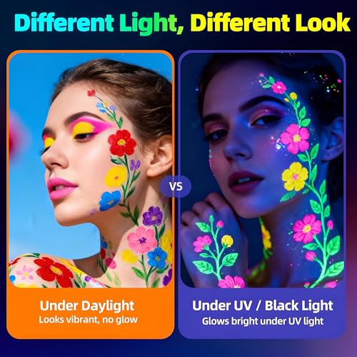 Image of UV Face & Body Paint Pens - 8 Colors Neon Fluorescent Glow Markers, Skin Safe Blacklight Reactive Body Paint for Party, Festival, Halloween, Rave, Kids & Adults (Glows Under UV Light Only)
