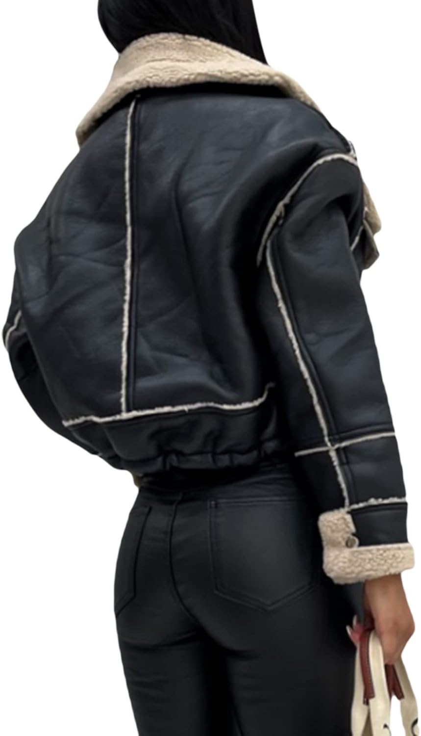 Mtsebmves Women's Faux Shearing Jacket Thick Lined Parka Winter Shearling Coat Leather Jacket Lapel Zipper Jackets