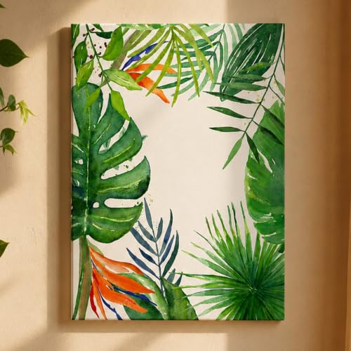 Image of PAINTINGMANTRA Tropical Green Leaves Stretched Canvas Wall Art Painting for wall decoration | Botanical Leaf Nature Inspired Painting for Living Room, Bedroom and Office, 22x34 Inch