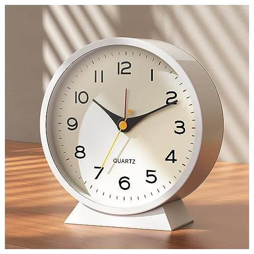 AYRELY® 4.5" Analog Alarm Clock,Small Retro Desk Clock Battery Operated,Slient Metal Table Clock with Light for Living Room Decor,Bedroom,Bedside,Shelf (White)