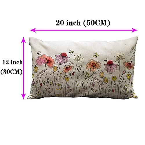 Wozukia Colorful Wildflowers Throw Pillow Cover 12X20 Inches With Butterflies Bees Dragonfly And Ladybugs Floral Border Cotton Linen Decorative Home Sofa Chair Car Lumbar Pillow Case Cushion Cover #TOP2