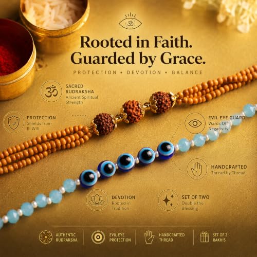 Image of Phool Rudraksha & Evil Eye Protection Rakhi Set of 2 for Brother | Rudraksha & Nazar Combo | Designer Rakhi for Bhai | Raksha Bandhan Set