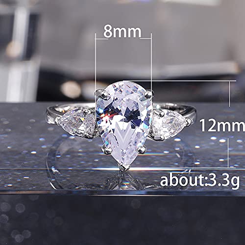 Shining Classic Plated Silver Pear Cut Teardrop Halo Cubic Zirconia CZ Statement 3-Stone Eternity Wedding Engagement Ring for Women (US size 7)2
