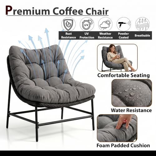 Image of OUTLIVING Fluffo Outdoor Two Seater Braid & Rope Conversation Set | UV & Water Resistant Patio & Garden Furniture Set with 2 Cushioned Chairs & Center Table with Glass Top | Charcoal Grey