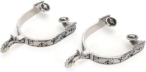 Miniatura 9 de Espuelas de caballo, 1 par de espuelas de bola de rodillo de 3.35 x 3.15 pulgadas, acero inoxidable plateado grabado, estilo espuelas de caballo con