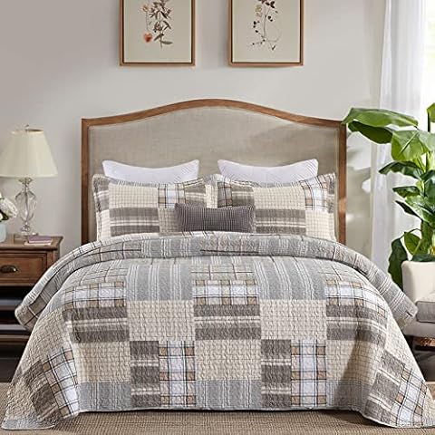 PANGUSHAN Quilts Sets Queen Size,100% Cotton Queen Quilt Bedspreads Bedding Set,Patchwork Plaid Quilt for Queen Bed,Tan/Grey Farmhouse Rustic Quilt Bed Spread,Reversible Lightweight Quilt,3 Pieces Cover