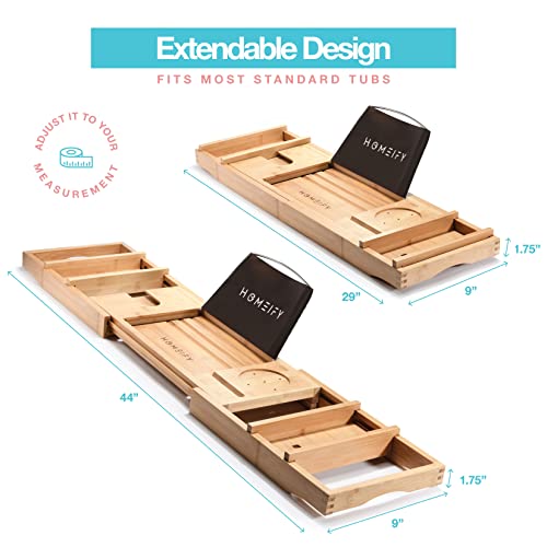 Premium Bamboo Bathtub Tray Caddy - Waterproof Tablet/Phone Case & Razor Slot - Expandable Bath Tray (Up To 44In), Luxury Spa Bathtub Caddy, With Adjustable Reading Rack - Patent Pending #TOP4