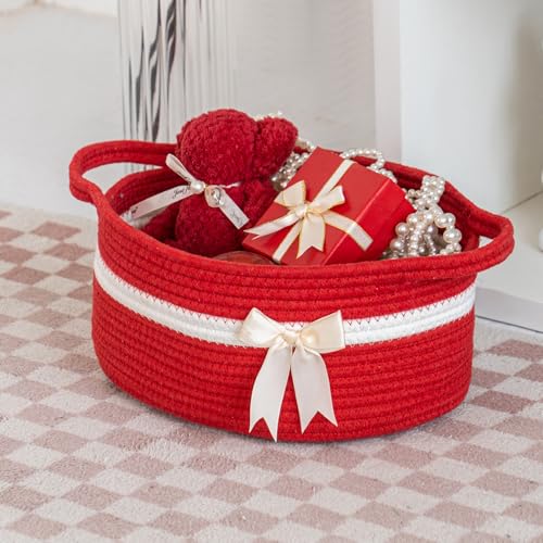 Image of Gift Baskets Empty, Small Woven Rope Storage Basket with Bow and Ribbons and Gift Wrap, Bowknot Decorative Gifts Basket with Handles, DIY Storage Organizer Basket for Wedding Graduation, Red