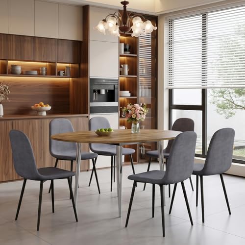Image of Round Dining Table Set for 6, 42 inch-54 inch Extendable Round to Oval Dining Table, Mid-Century Modern Kitchen & Dining Room Set with Wood Grain Top and 6 Upholstered Chairs, Space-Saving, Easy Assembly