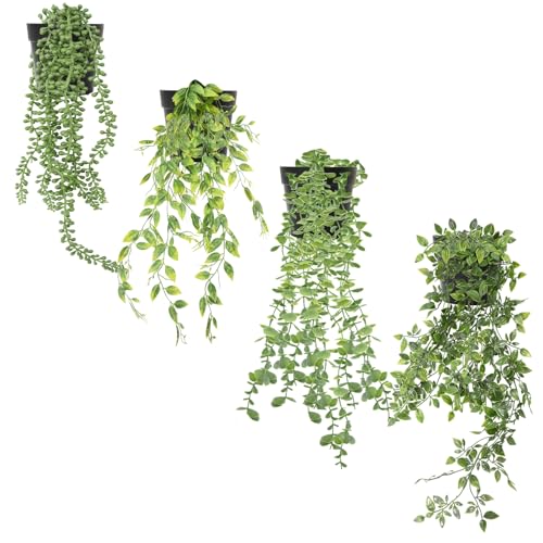 Zequech 4 macetas de Plantas Colgantes Verdes de imitación, Datura, eucalipto, Guisante, Perla, clorophytum comosum, terraza Interior y Exterior, Oficina, decoración de Boda, Paisaje Artificial