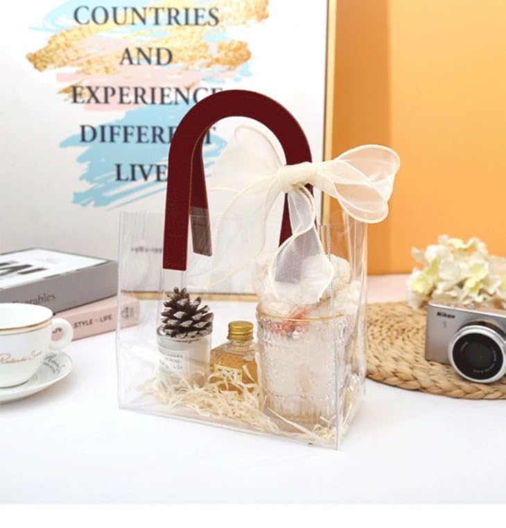 Image of SATYAM KRAFT 6 Pcs Transparent Reusable Leather Goodie Bags | Elegant Gift Bags for Her /Him Wedding Return Favors, Engagement Hampers, Marriage, Birthday & Festival Gifting | Handle Hamper Shopping Carry Bags (U-shaped Red - Small)