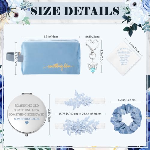 Hanaive Set of 6 Something Blue Wedding Gift for Bride Something Blue Cosmetic Bag Embroidered Handkerchief Bouquet Charm Diamond Compact Mirror Hair Scrunchie Knotted Garters for Bridal Shower party2