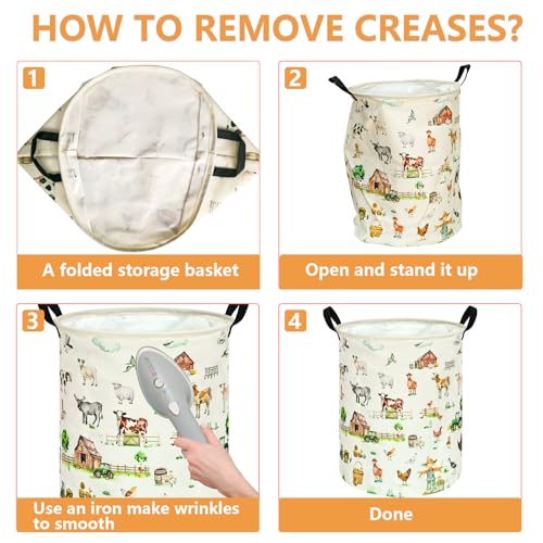 Image of Collapsible Kids Laundry Basket Clothes Hamper, Foldable Storage Organizer Bin, Toy Clothes Storage with Handles for Boys Girls Bedroom, Room Decor Farm