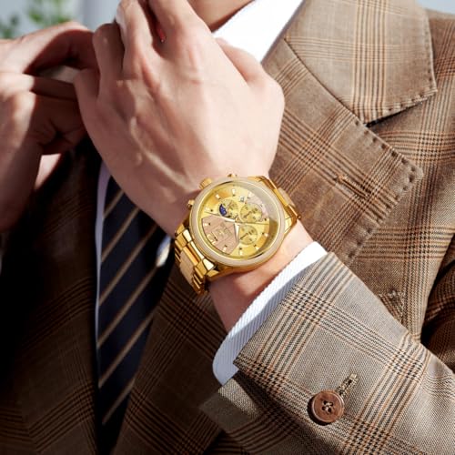 Image of OLEVS Men Watch Blue Gold Analog Quartz Stainless Steel Waterproof Luminous Date Luxury Casual Watch
