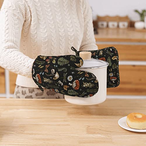 Mushroom Oven Mitts Pot Holders Set Silicone Vintage Magic Leaf Kitchen Gloves Potholders Heat Resistant For Chef Baking Cooking Grilling Bbq 4 Pack Mitt #TOP6
