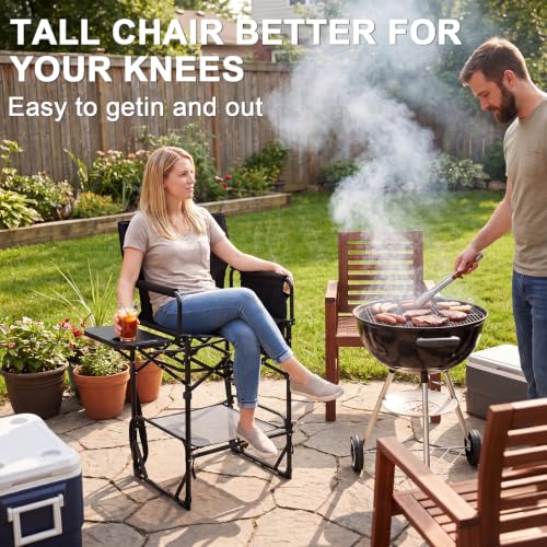 Image of Romswi 2Pcs Extra Tall Portable 30 inch Seat Height Folding Camping Chair Directors Chair High Foldable Bar Stool with Side Table for Makeup Artist, Sports Event, Craft Show, Supports 400LBS,Black