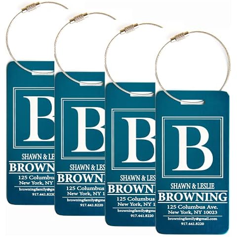 Personalized Luggage Tags (Set of 4, Navy) - Metal Luggage Tags with Engraved Name, Unique Travel Bag Tags for Luggage, Can Also Be Suitcase Tags - Stocking Stuffers - Browning Design Cover