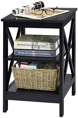 COSTWAY Bedside Table, 2/3-Tier Nightstand Sofa Side End Table with Storage Shelf, Modern Wooden X-Shaped Coffee Snack Table for Living Room, Bedroom and Office (Black, 3 Tiers: 40 x 40 x 61cm)