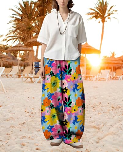Womens Baggy Pants Floral Print Wide Leg Trousers Casual Elastic Waist Lantern Pant with Pockets for 2025 Summer3