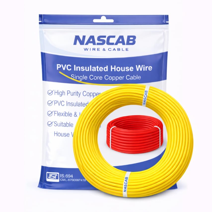Image of 1.5 Sq mm Single Core Copper House Wire | 99.7% Pure Copper 22 Multistrand | Fire Resistant PVC Insulated | Eco-Friendly High Conductivity | Domestic & Residential Wiring | YELLOW 25M