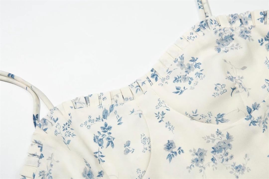 Camiseta sin tirantes con estampado floral azul de verano para mujer, sin tirantes de gasa