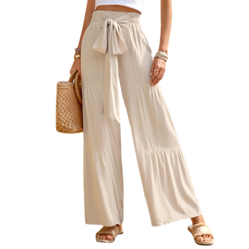 YM YOUMU Women High Waist Wide Leg Long Palazzo Pants Tie Knot Loose Flowy Lounge Trousers