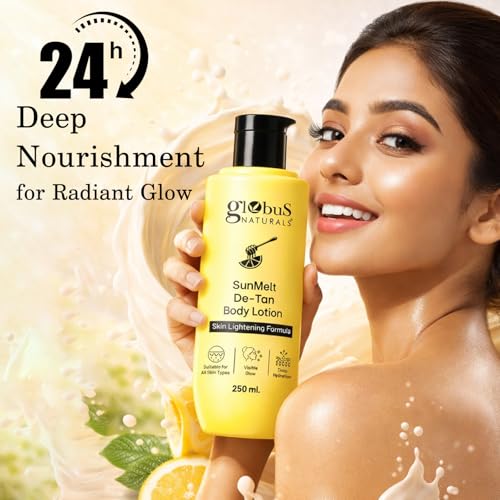 Image of Globus Naturals SunMelt De-Tan Body Lotion - Skin Brightening & Tan Removal with Honey, Lemon & Vitamin E | Deep Hydration & Glow | for All Skin Types | 250 ml