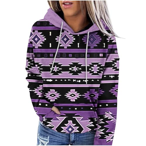Piuwrlz native american clothing Women's Western Aztec Ethnic Style Hoodies Sweatshirts Casual Western Cowgirl Rhombus Printed Pullover Tops Purple XXL