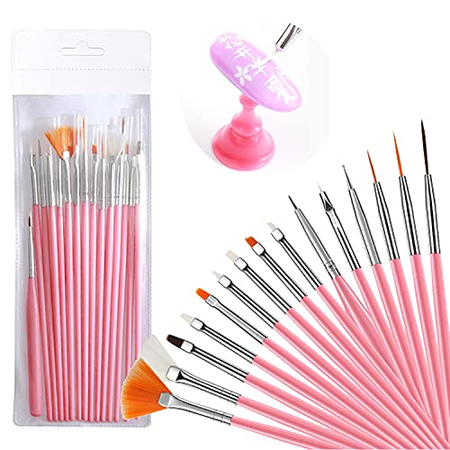 Nail Art Brushes Kit, 15 Pcs Nail Brushes Set Dotting Pen, Drawing Pen, Flat Pen, Sector Pen for Strokes, Details Painting, Blending, Elongated Lines Nail Art Design Tools Kit (Pink)