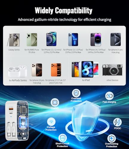 Image of 4 in 1 Retractable Wall Charger with Dual Cables,40W Retractable Phone Charger Wall Plug with Dual USB Ports,20W USB C Chargers Block Fast Charging for iPhone 17 16 15 14 13,LG, Galaxy S24 23,Pixel