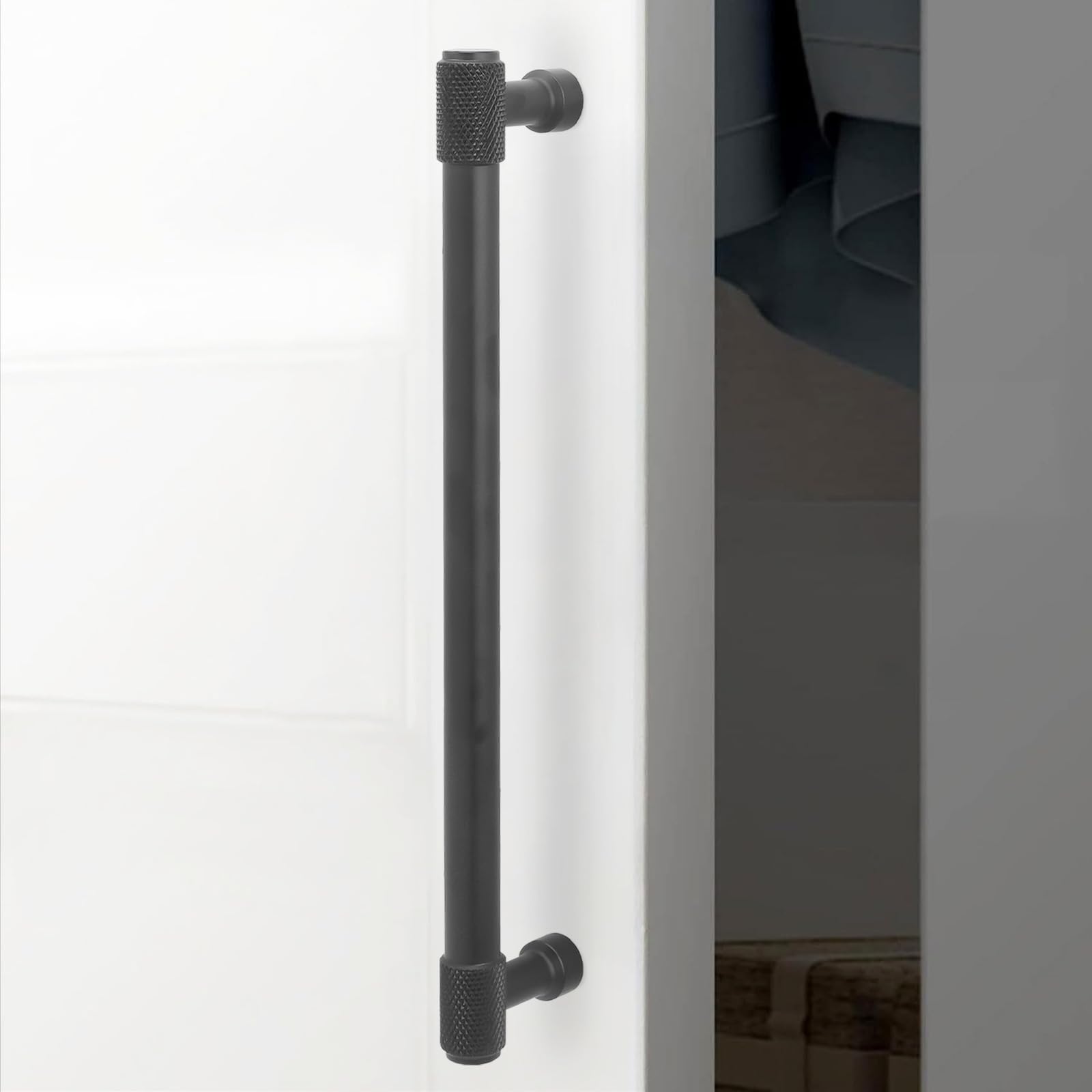 Paquete de 10 manijas de gabinete de cocina negro mate de 7.5 pulgadas (192 mm), tiradores de gabinete moleteados, tiradores de cajones negros, herrajes para gabinetes de cocina, tiradores de