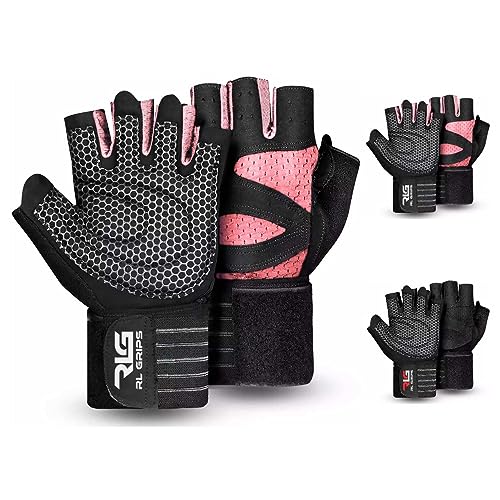 RL Grips® Guantes Gimnasio para Levantamiento de Pesas, Crossfit Musculación con Muñequera y Grip de Silicona Antideslizante - Guantes Fitness para Hombre y Mujer con Muñequera (XS, Rosa)