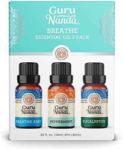 GuruNanda Breathe Essential Oil Sets, 100% Pure Therapeutic, Ease Congestion, Sinus & Cold, Perfect for Diffusers, Aromatherapy Eucalyptus, Breathe Easy, Peppermint 10 ml Each 0.34 Fl Oz Pack of 3