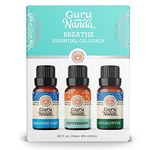Gurunanda Breathe Essential Oil Sets, 100% Pure Therapeutic, Ease Congestion, Sinus & Cold, Perfect For Diffusers, Aromatherapy Eucalyptus, Breathe Easy, Peppermint 10 Ml Each 0.34 Fl Oz Pack Of 3 #TOP22