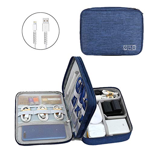 OrgaWise Sac Électronique Multifonctionnel Sac Câble Portable Étanche pour Tablette, Disque Dur Externe, Chargeur, Câbles, Objets, Kindle, Adaptateurs, Cartes Mémoire, Câbles USB (Bleu-3 Couches)