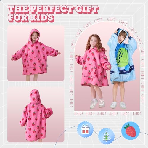 MIZZEO Kids Wearable Blanket Hoodie, Oversized Sherpa Wearable Blanket with Hood Pocket and Sleeves for Toddlers, Cute Hoodies 2-6 Year Old Girls Youth Birthday Gifts (Strawberry)