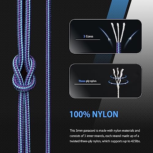 Abma Cord Paracord 425 lbs 3mm 100% Nylon 30M - Purple & Sky Blue, Stripes-purple & Sky Blue, 30 Meters - Image 3