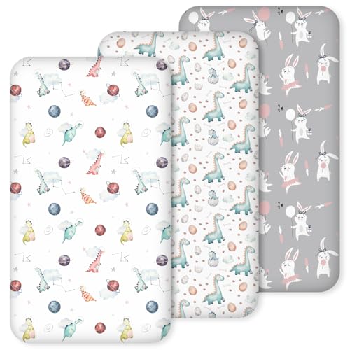 Image of Nap Mat Sheet 47"x24", 3 Pack Dinosaur Baby Crib Sheets Fitted Elastic Corners, Preschool Day Care Rest Mat Cover, Soft Breathable - Compatible with Regalo My Cot, Joovy Travel Cot