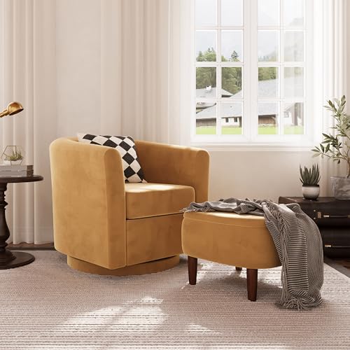 Attalee Swivel Accent Chair and Storage Ottoman Set, Modern 360&deg;Swivel Velvet Barrel Chair, Small Upholstered Armchair with Footstool for Living Room, Bedroom, Reading Room, Yellow