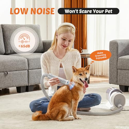 Image of DUMOS Pet Grooming Vacuum Kit, 3 Adjustable Suction Modes Dog Hair Clipper, 5 Professional Grooming Tools with Low Noise Cat Hair Clippers, 2.5L, Gray