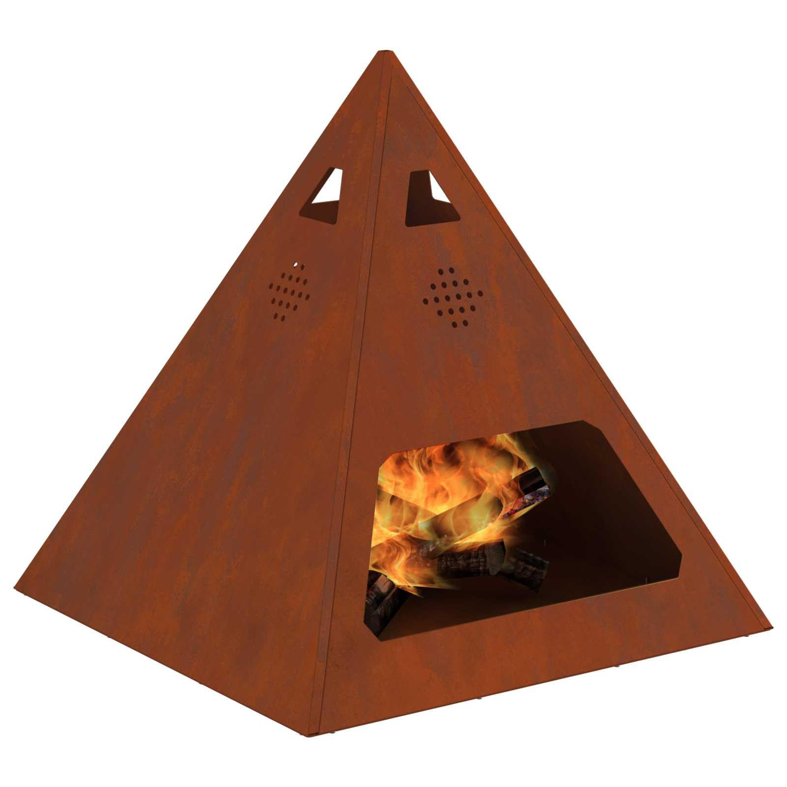 Brasero marrón de acero resistente a la intemperie, 50 x 50 x 51 cm, forma pirámide, cesta de leña para jardín y patio, circulación de aire eficiente, portátil, duradera, acogedora calidez